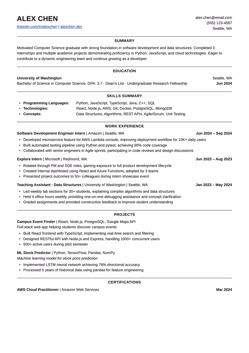 Campus resume template — single column layout for Campus