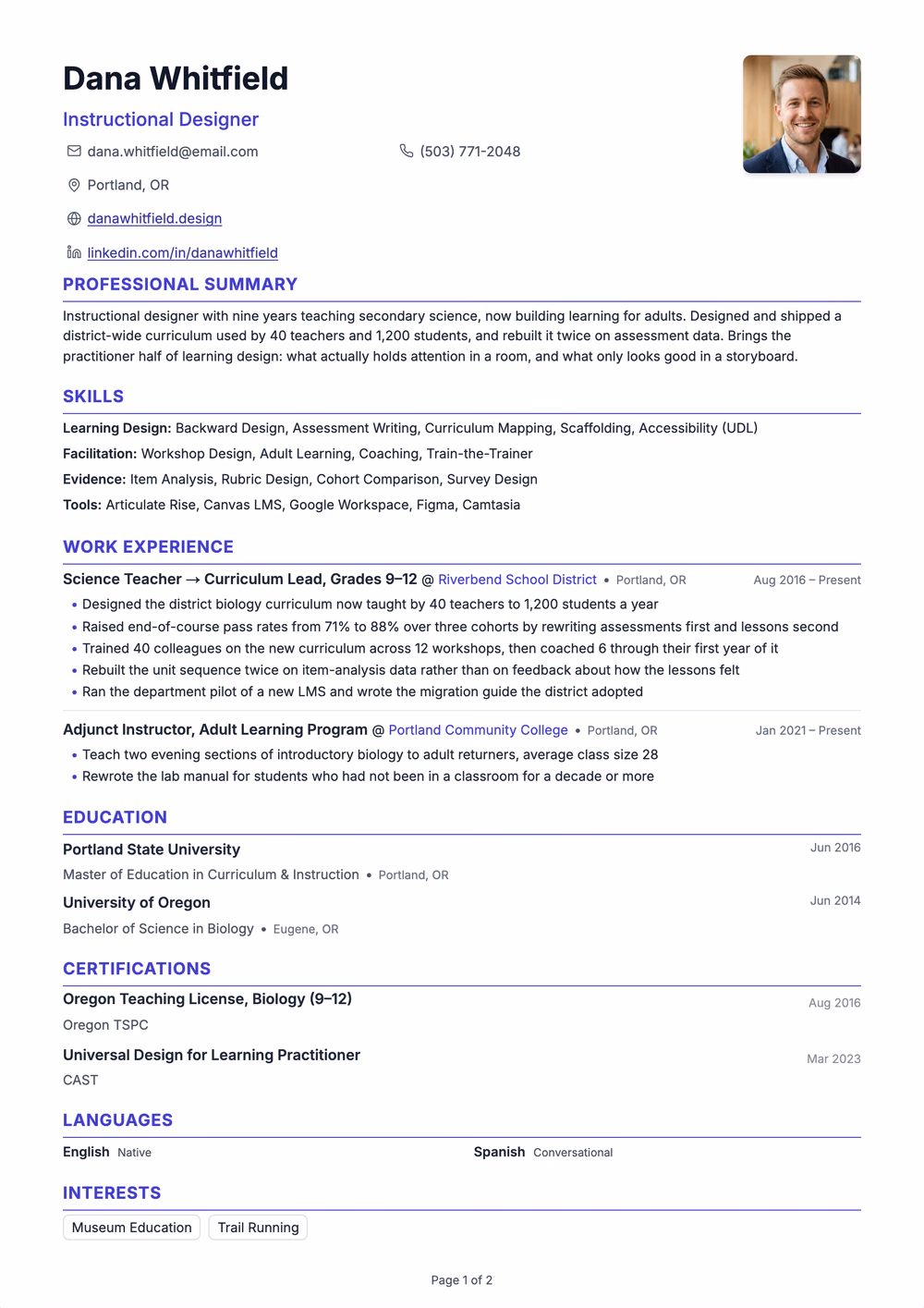 Catalyst resume template — single column layout for Return to Work