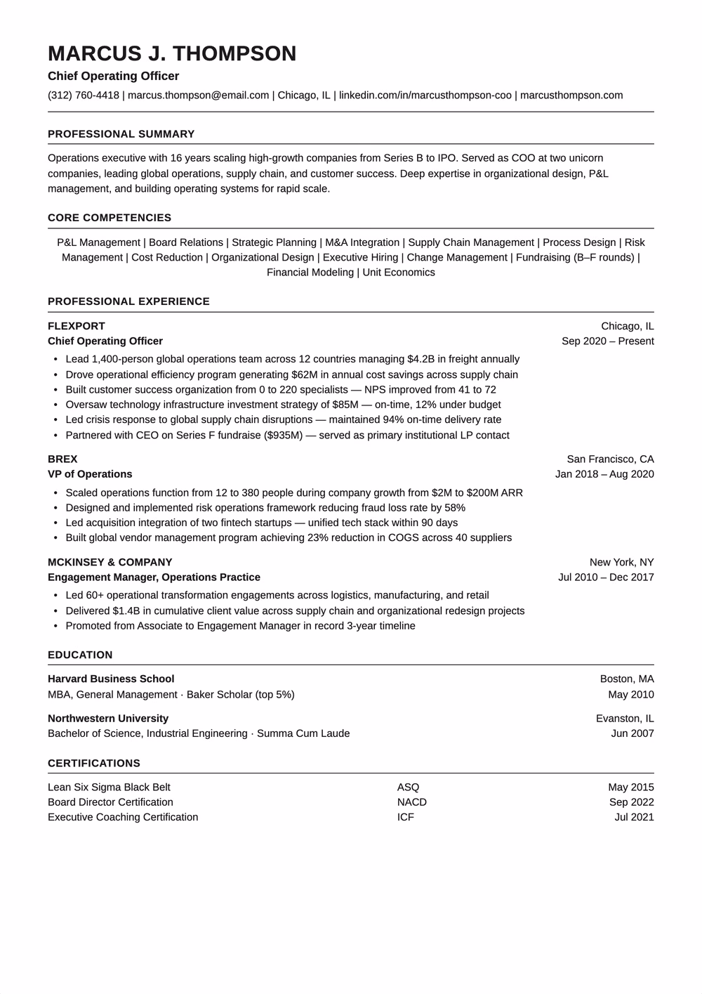 Charter resume template — single column layout for Charter