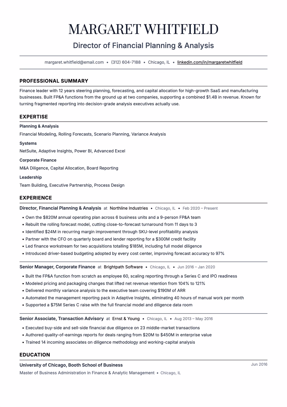 Cornerstone resume template — single column layout for Reverse Chronological