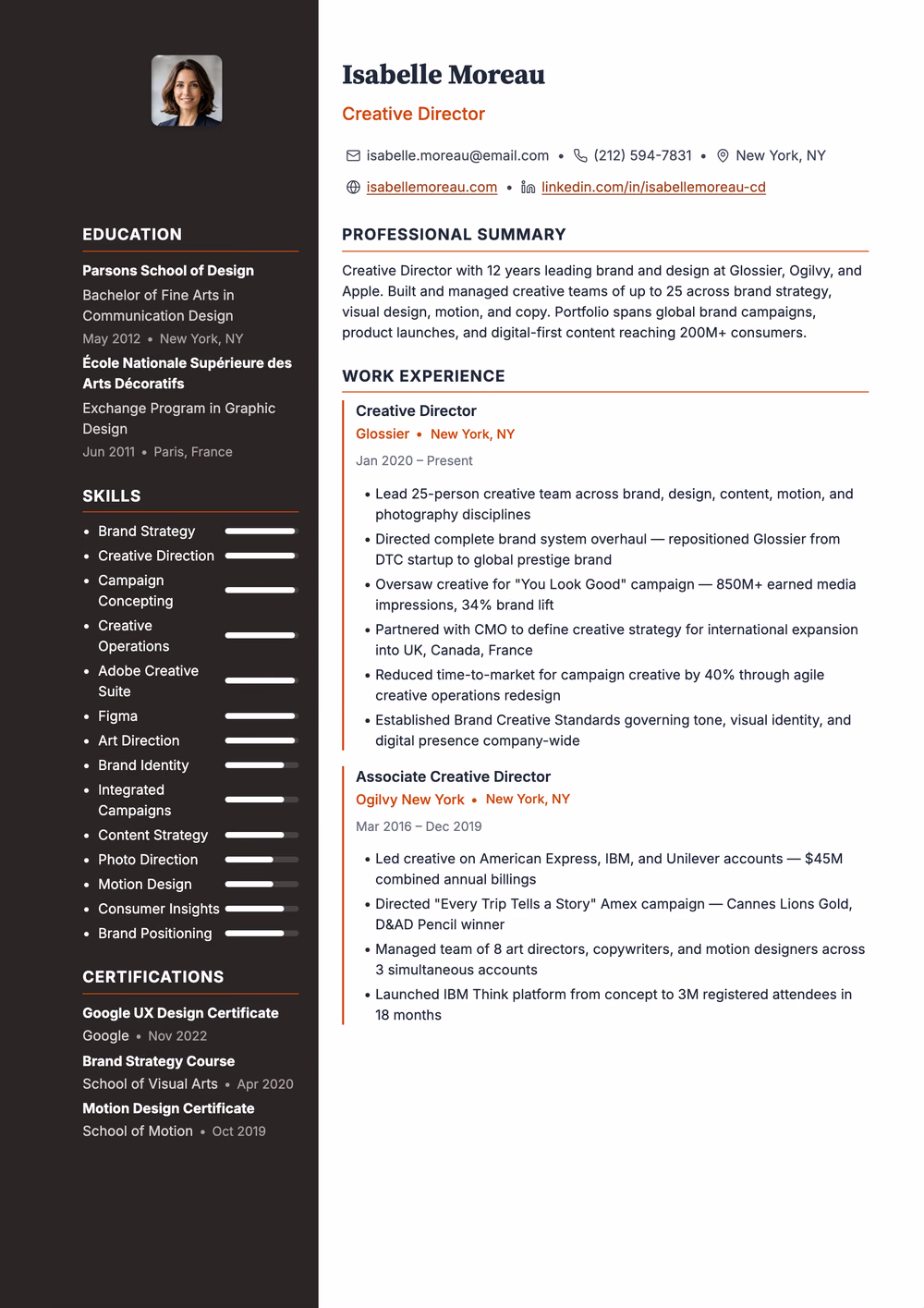 Ember resume template — sidebar rail layout for Sales & Results-Driven