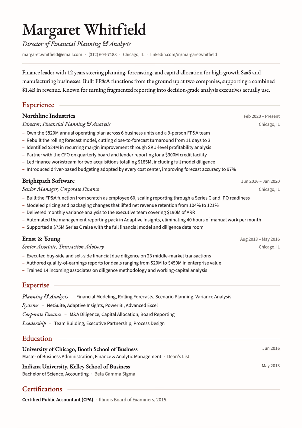 Folio resume template — single column layout for Legal & Formal