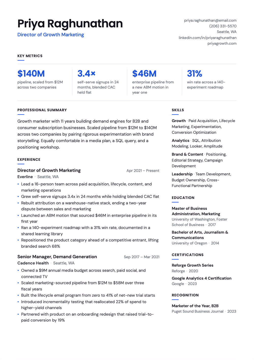 Impact resume template — right rail layout for Achievement-Based