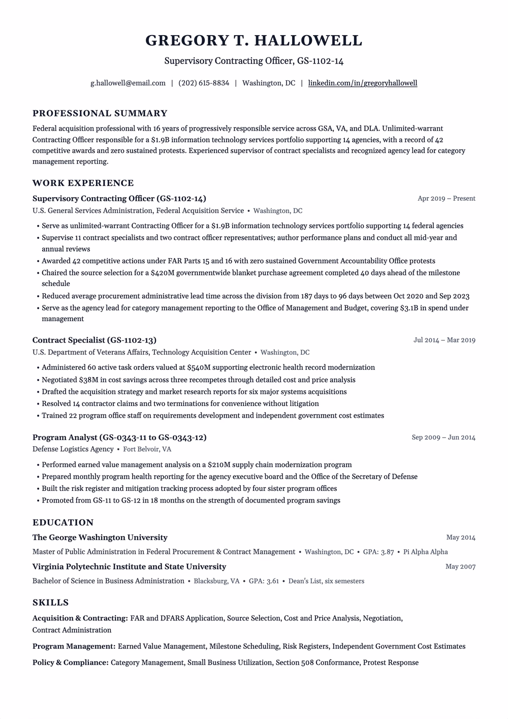 Meridian resume template — single column layout for Federal Government
