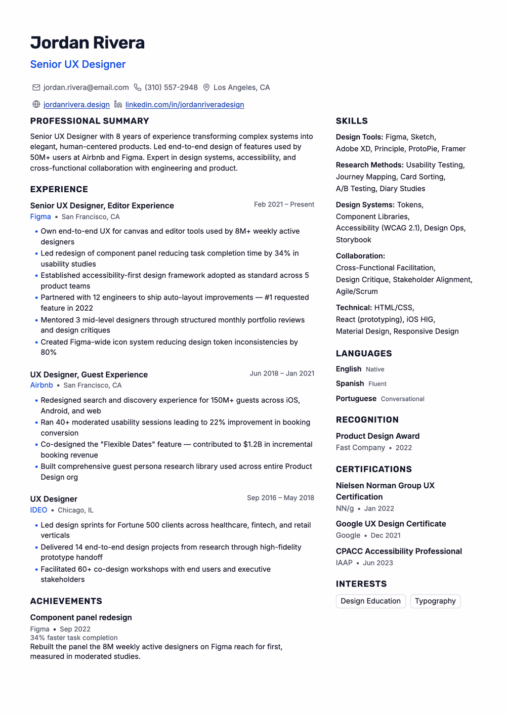 Orbit resume template — right rail layout for Military Transition