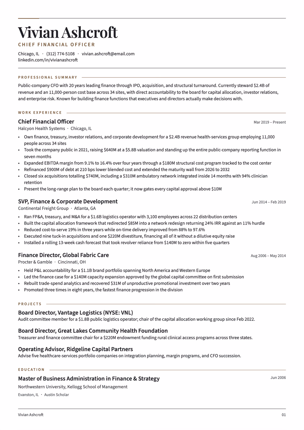 Regent resume template — single column layout for Executive Format