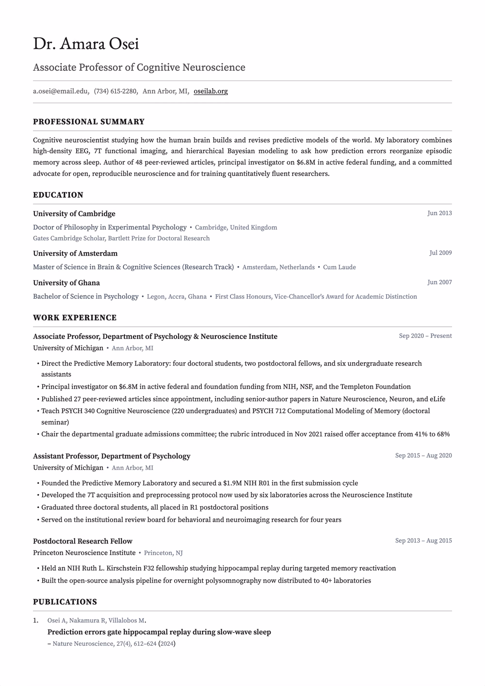 Scholar resume template — single column layout for Academic CV