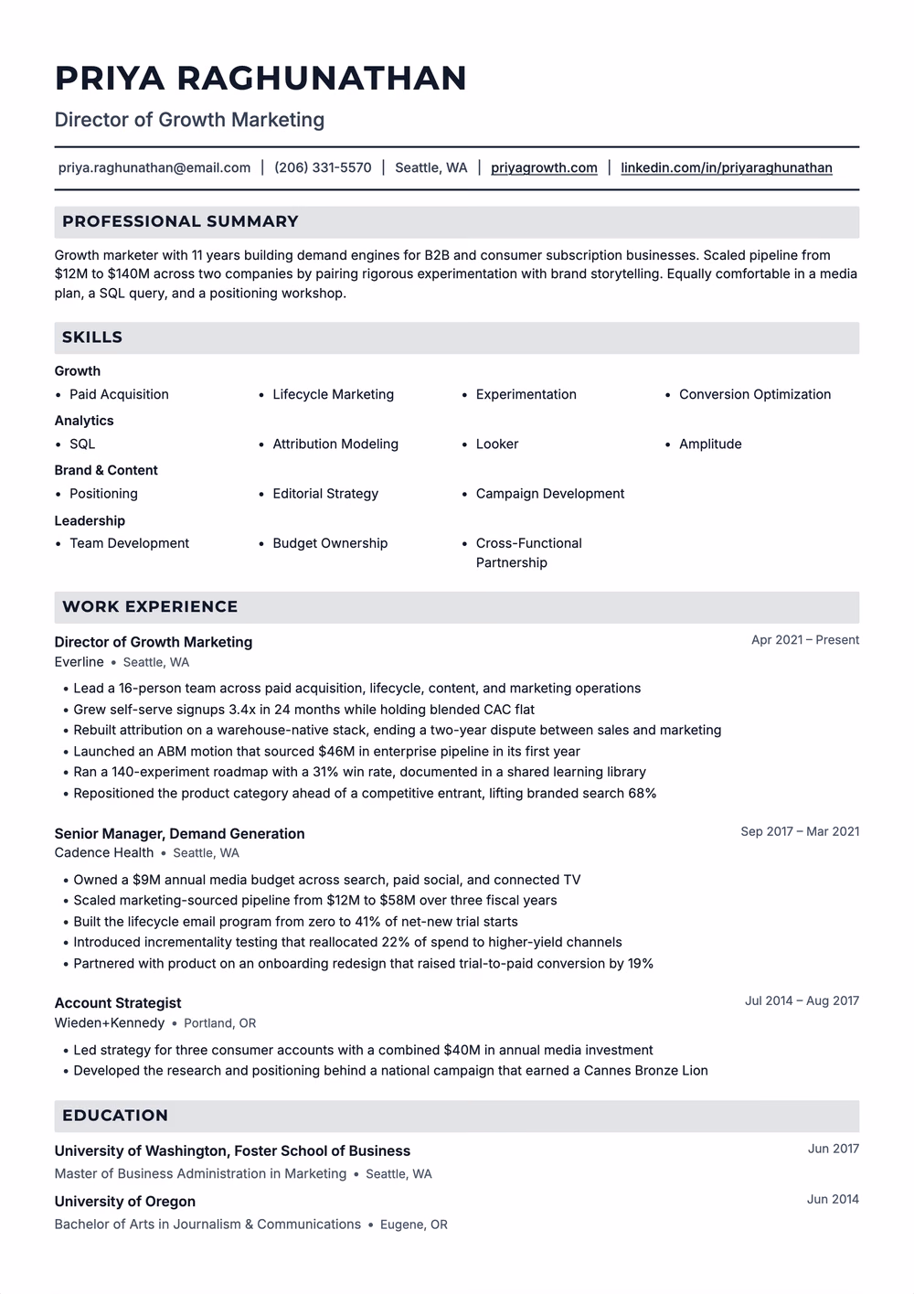 Valor resume template — single column layout for Bold Modern