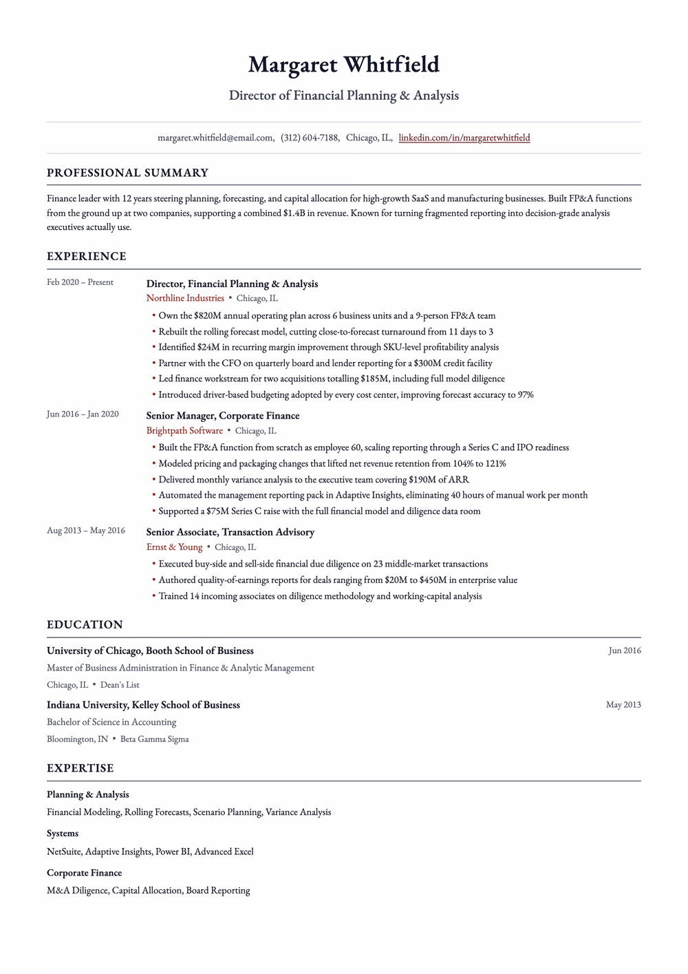 Zenith resume template — single column layout for Finance Professional